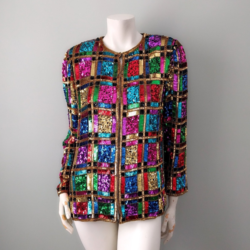 ⛔SOLD⛔ Vintage Rainbow Sequin Trophy Statement Jacket M - Picture 1 of 6